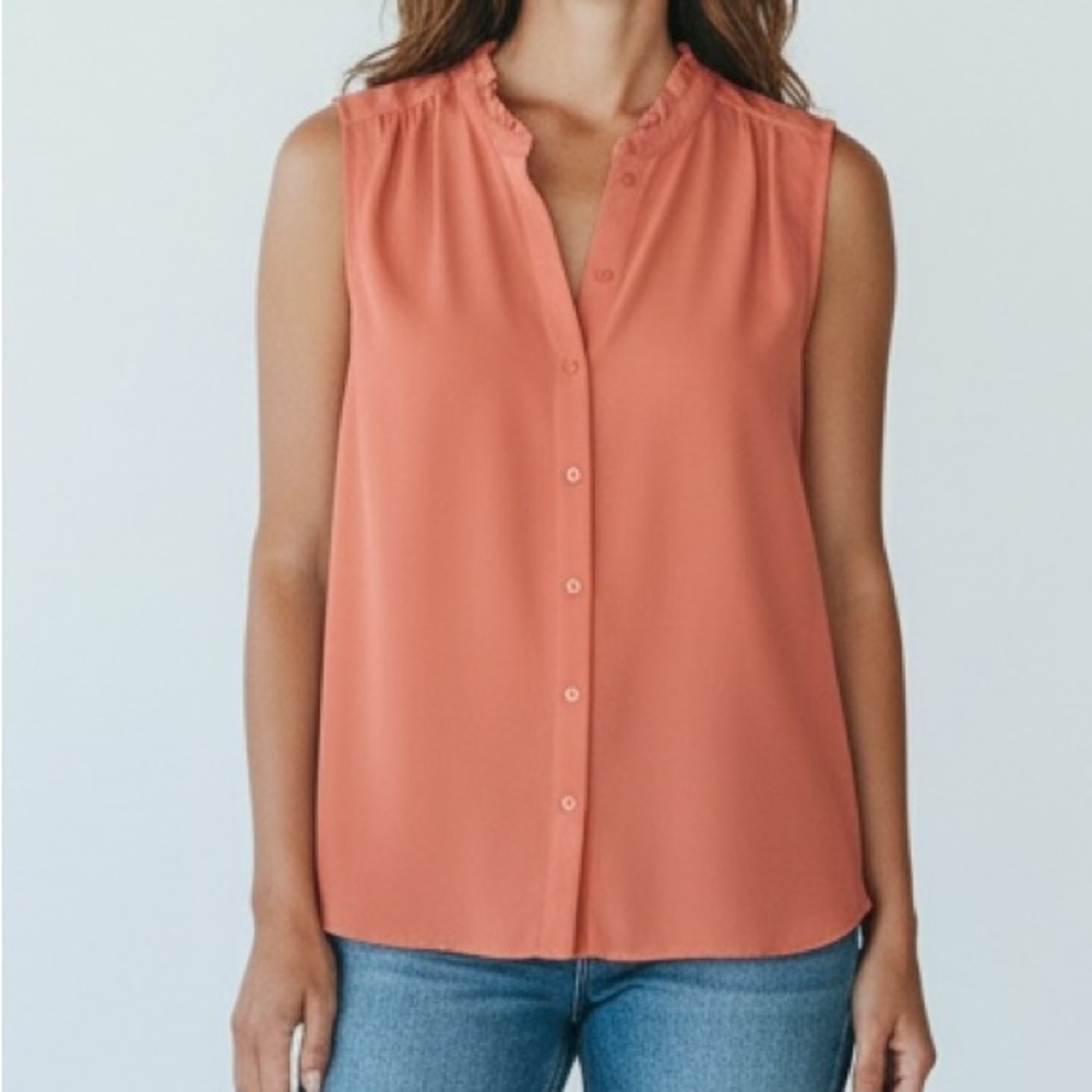 NYDJ Sleeveless Ruffle Neck Blouse Coral Large Button Front Top Flowy Loose Fit